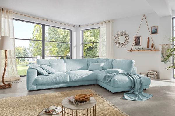 KAWOLA Sofa MADELINE Ecksofa Cord hellblau Recamiere rechts 86 x 224 x 325 cm