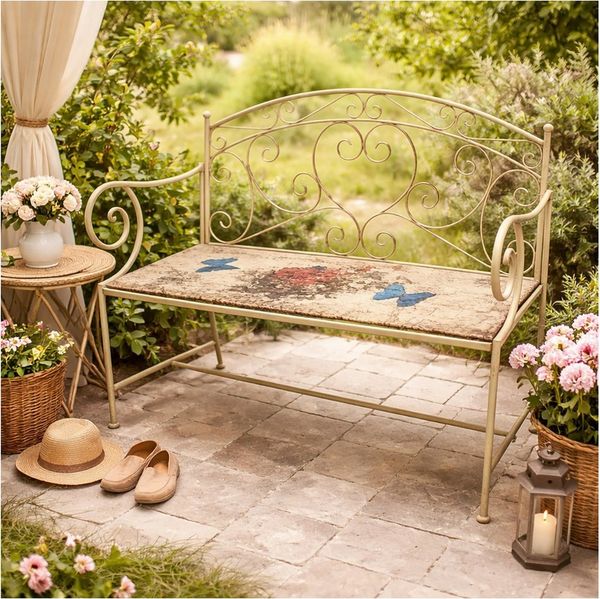 HTI-Living Gartenbank Gartenbank Flowers and Plants Metall creme mit Motiv Sitzfläche (1x Gartenbank Flowers and Plants aus Metall)