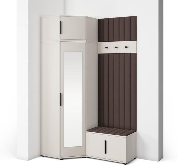 Garderoben-Set Napoli Version 22: Eckschrank mit Polsterpaneelen, Schuhschrank Flur und Eingangsbereich (Cashmere/Trinity 08), 229 x 70 x 140 cm