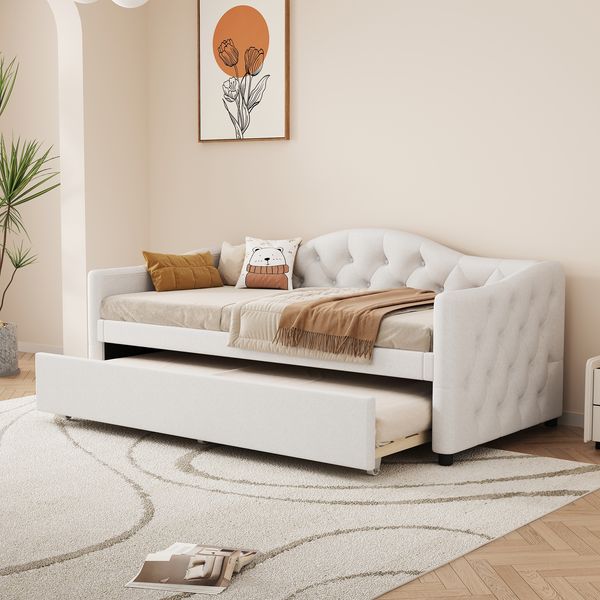 Daybettt, 90x200cm Tagesbett mit ausziehbarem Bett,Schlafsofa, Einzelbett(Ohne Matratze), Leinen, minimalistisches Styling, beige