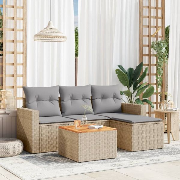 vidaXL 5-tlg. Garten-Sofagarnitur mit Kissen Beige Poly Rattan 3256423