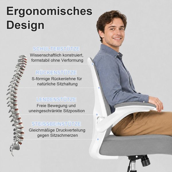 Durrafy Bürostuhl Ergonomischer Bürostuhl,Schreibtischstuhl mit klappbaren Armlehnen (Höhenverstellbarer Drehstuhl mit Wippfunktion bis 130°,Computerstuhl mit verstellbarer Lendenwirbelstütze und leisen Rollen), Chefsessel mit 150 kg Tragfähigkeit Bild 2