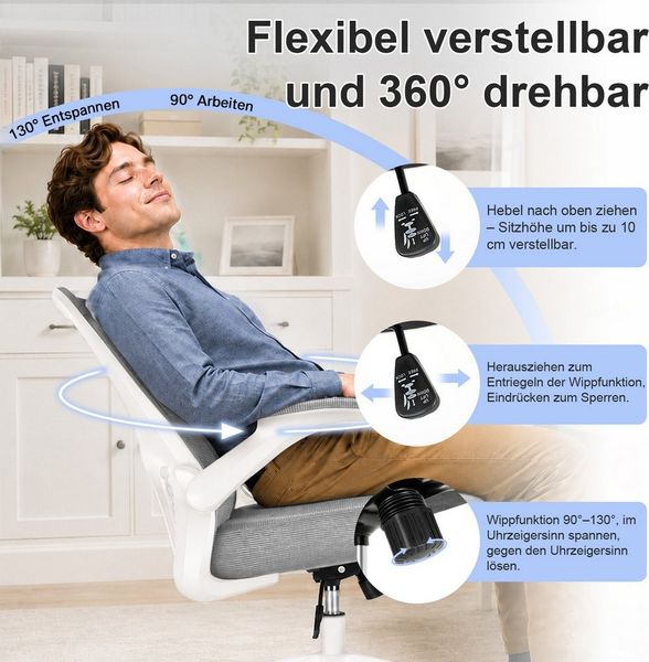 Durrafy Bürostuhl Ergonomischer Bürostuhl,Schreibtischstuhl mit klappbaren Armlehnen (Höhenverstellbarer Drehstuhl mit Wippfunktion bis 130°,Computerstuhl mit verstellbarer Lendenwirbelstütze und leisen Rollen), Chefsessel mit 150 kg Tragfähigkeit Bild 4