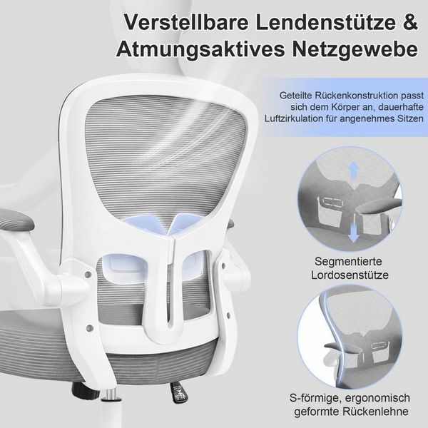 Durrafy Bürostuhl Ergonomischer Bürostuhl,Schreibtischstuhl mit klappbaren Armlehnen (Höhenverstellbarer Drehstuhl mit Wippfunktion bis 130°,Computerstuhl mit verstellbarer Lendenwirbelstütze und leisen Rollen), Chefsessel mit 150 kg Tragfähigkeit Bild 3