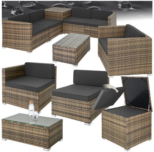 tectake Loungeset Rattan Sitzgruppe mit Sicherheitsglasplatte, für 5 Personen, (Gartenlounge-set Pisa, 7-tlg, geeignet für Outdoor in Natur), widerstandsfähig und UV-beständig, Dicke der Polster 8 cm