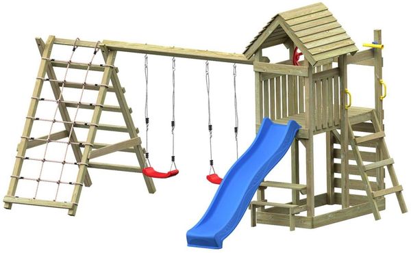 Spielturm LUNOO PRO inkl. Doppelschaukel, Kletterwand, Kletterrampe und Kletternetz - Material: Kiefernholz - Maße: 447 x 334 x 260 cm – ohne Rutsche