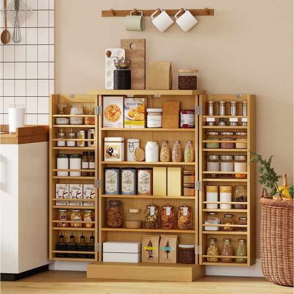 HOMCOM Hochschrank Vitrinenschrank mit Rattanoptik, 12 Gewürzfächern (Küchenschrank, 1-St, Küchenbuffet) für Wohnzimmer, Küche 60 x 30 x 104 cm