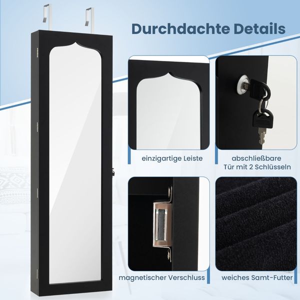 Schmuckschrank mit LED Abschließbarer Wand-/Türschmuckschrank mit Spiegel & 6 Schubläden Schwarz