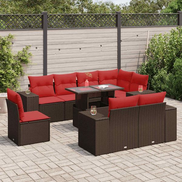 vidaXL 9-tlg. Garten-Sofagarnitur mit Kissen Braun Poly Rattan Akazie 3326825