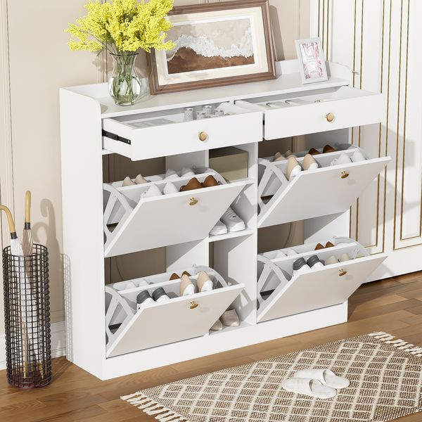Weißer Schuhschrank mit 4 Türen, 2 Schubladen und 3 offenen Regalfächern, Maße: 110 × 26 × 100 cm