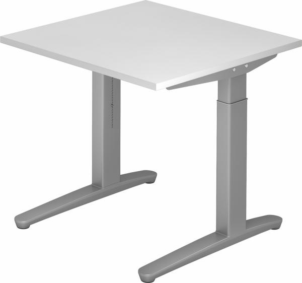 bümö manuell höhenverstellbarer Schreibtisch 80x80 in weiß, Gestell in silber - PC Tisch höhenverstellbar & klein, höhenverstellbarer Tisch Büro, kleiner Computertisch verstellbar, X08-W-SS