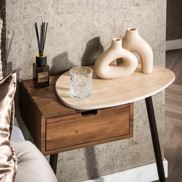 LEVEN Lifestyle Nachttisch TRAVENTO Nachtschrank Nachtkonsole Tischplatte Keramik Travertin Look, Auswahl rechts oder links vom Bett