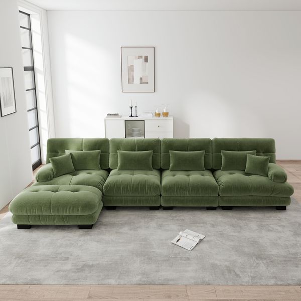 Sofa modular Grün aus Chenille, mit beweglichen Ottomane, Cloud-Komfort und flexibler L-/U-Form,81x406x145 cm