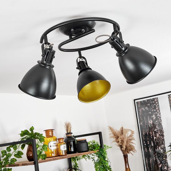 »Orroli« spiralförmige Deckenlampe aus Metall in Schwarz/Gold, 3-flammig, m. verstellbaren Strahlern, 3 x E14-Fassung max. 40 Watt, Spot im Retro/Vintage Design, LED Leuchtmittel geeignet