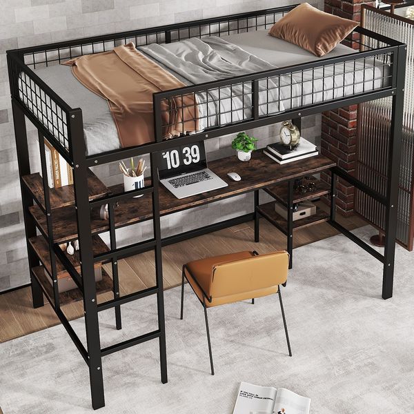 Etagenbett 90×200 cm mit Rausfallschutz, Schreibtisch und Regal, Schwarz/Holzoptik, ohne Matratze