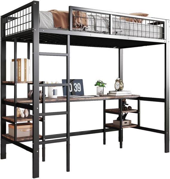 Etagenbett 90×200 cm mit Rausfallschutz, Schreibtisch und Regal, Schwarz/Holzoptik, ohne Matratze Bild 7