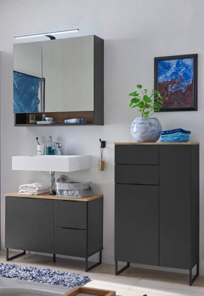 Badezimmer-Set >Denver< (3-tlg.) in schwarz matt / Evoke Eiche Dekor - 160x195x35 (BxHxT)