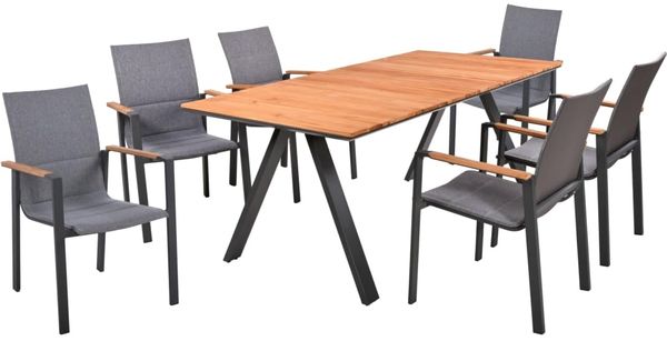 Garten-Sitzgruppe FAYE 7-tlg. - Teak, Dunkelgrau | Gartenmöbel-Set Gartengarnitur Garten-Essgruppe mit Stapelstühlen und Esstisch