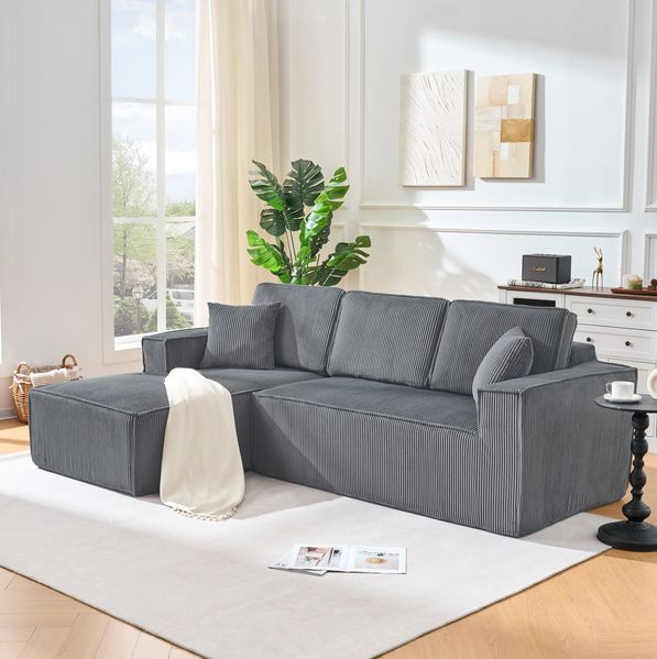 Ecksofa aus Cord mit Chaiselongue & 2 Kissen, 235 x 128 x 60 cm, Grau
