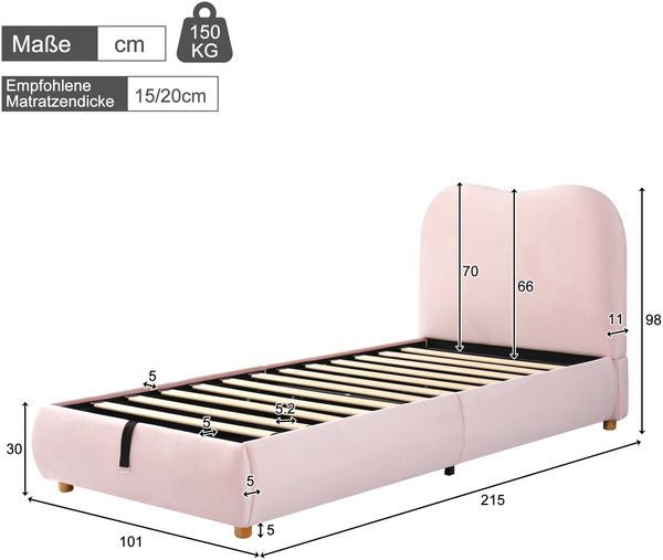 Kinderbett Polsterbett SamtStoff Stauraum Hydraulisch Abgerundete Ecken Märchenschloss,Rosa Bild 10