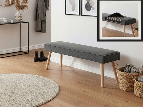 B&D home Sitzbank EMIL | Kord Stoff 140cm gepolstert Holzbank für Esszimmer, Flur, Garderobe Massivholzbeinen | skandinavisch modern, Anthrazit