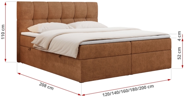 Boxspringbett mit Kopfteil und Topper, Doppelbett - RICO - 200x200cm - Orange Stoff - H3 Bild 5