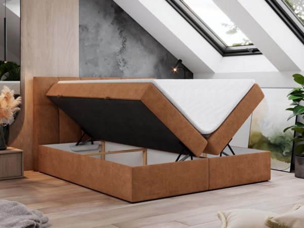 Boxspringbett mit Kopfteil und Topper, Doppelbett - RICO - 200x200cm - Orange Stoff - H3 Bild 2