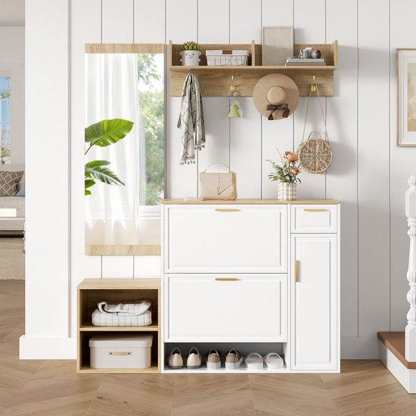 Merax Garderoben-Set Garderobenständer Komplettset mit Schuhschrank, Sitzbank, (1-St, Wandgarderobe, Spiegel, Regal), Flur Möbel Stauraum