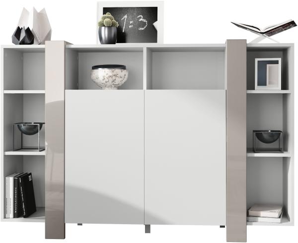 Vladon Highboard Ida, Anrichte mit 12 Fächern, Korpus in Weiß matt, Blenden in Sandgrau Hochglanz (149 x 101 x 34 cm) Bild 1