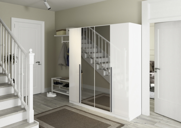 rauch Kleiderschrank Alba, Drehtürenschrank, Garderobenschrank, 4-türig, mit Spiegel, mit 2 Kleiderstangen und 2 Einlegeböden, Farbe Hochglanz Weiß/Weiß, Griffstange Grau metallic, Schwarz, 181x197x54cm