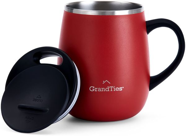 Grandties Thermo Kaffeebecher mit Griff - Schiebedeckel für Spritzschutz 480 ml Coffee To Go Becher Kaffeebecher To Go | Doppelwand-Edelstahl Hält Getränke Warm & Kalt - Cranberry