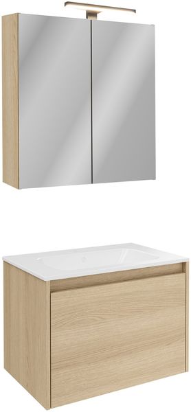 FACKELMANN COMPACT LINE Waschtisch Set mit Spiegelschrank 71 cm breit, Braun hell, Waschbecken Keramik Weiß, inklusive Aufsatzleuchte und Energie Box, 1 Schublade