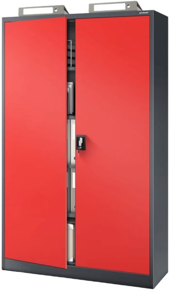 Aktenschrank abschließbar JAN - 5 Ebenen verstellbar, Flügeltüren | Metallschrank Werkstatt Mehrzweckschrank Büroschrank aus Stahl Werkzeugschrank, 185x115x40cm Anthrazit-Rot