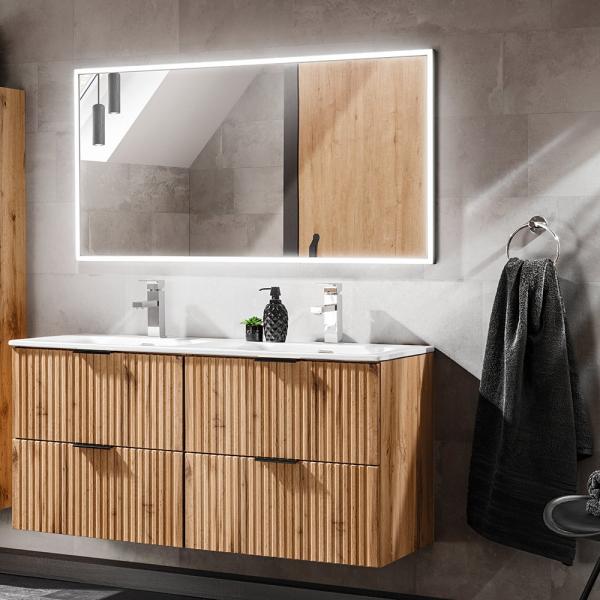 Badmöbel Set mit 121cm Waschtisch ADELAIDE-56 Wotaneiche Rillenoptik, B/H/T ca. 123/200/46 cm