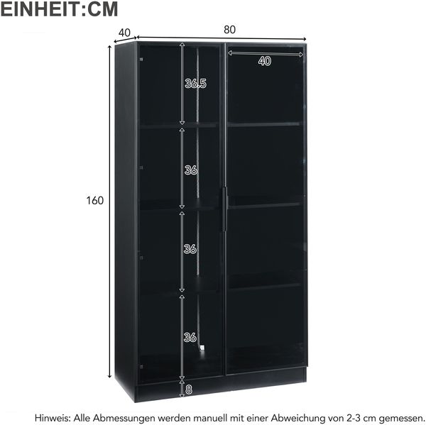 Glasvitrine Hochschrank Standvitrine Badezimmerschrank, APP-LED-Beleuchtung, doppeltürig, bewegliche Einlegeböden, Glas Holz, transparent weiß, 80 x 40 x 160 cm