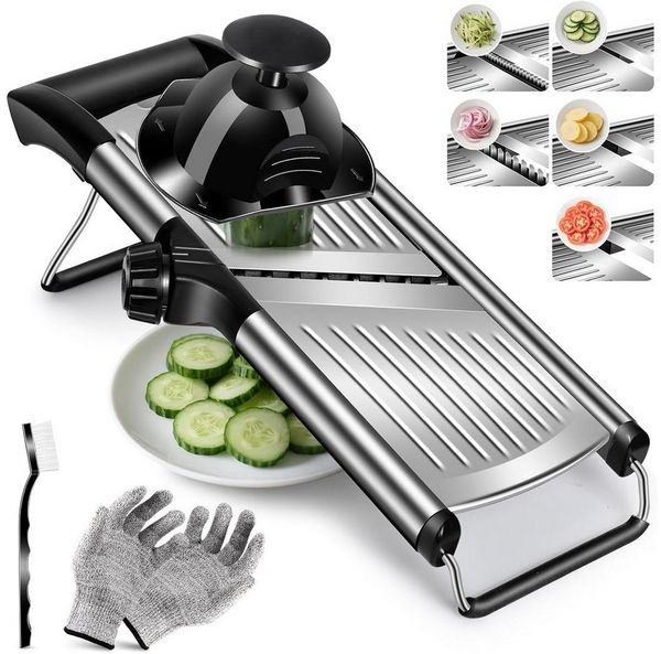 TUWENA Gemüsehobel Mandoline 5-In-1 Gemüseschneider Verstellbar Dünne Scheiben, Edelstahl Mehrzweck Küchenhobel Küchenreibe mit Klingenschützer