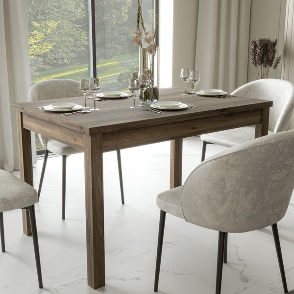 Forte LACETTI Esstisch 120, moderner, ausziehbarer Esstisch, Wohnzimmer, Esszimmer, Valencia Eiche Holzdekor, 120,4 cm (160,4) breit x 76,6 cm hoch x 80 cm tief