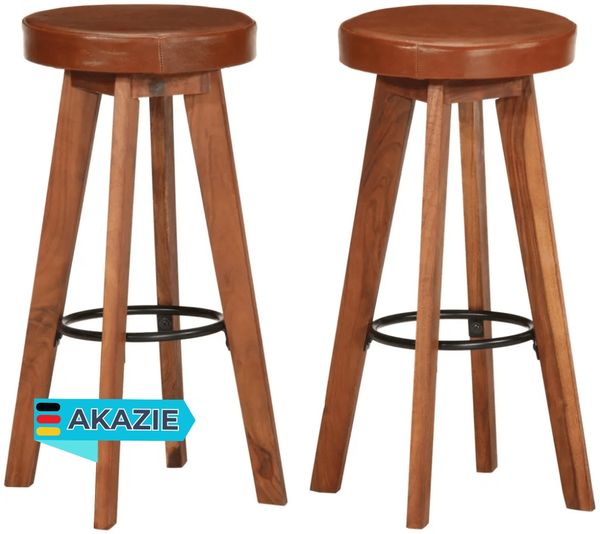 Barhocker FENI 2er Set Echtleder und Massivholz Akazie Dunkelbraun | Barstühle Küchenhocker Thekenhocker für Küche Hausbar