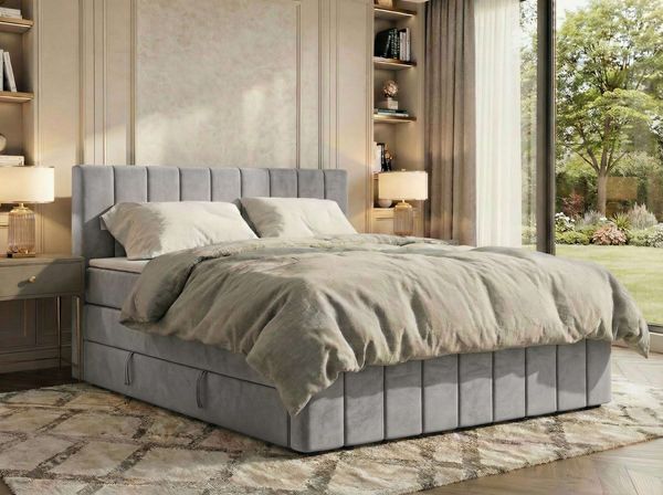 Doppelbett, Boxspringbett mit Stauraum ALVER KING DUO, Polsterbett mit 7-Zonen-Multipocket-Kern H4, Topper Visco, Boxspringbett mit 2 Bettkästen - Hellgrau Velvet