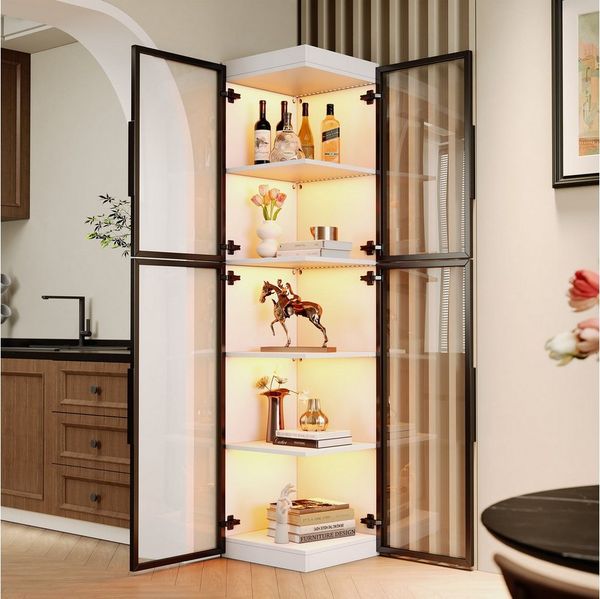 MODFU Vitrine Schmale Glasvitrine 170 cm, transparent, mit LED (Packung, 1-St, 5 Einlegeböden, Doppeltüren für Rundumsicht) Freistehende Acrylvitrine für Wohn- & Essbereich