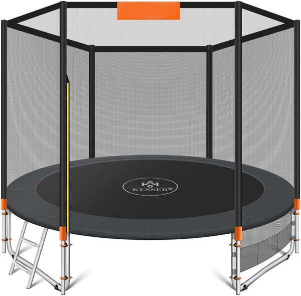 KESSER® Trampolin, mit Sicherheitsnetz, Leiter, Randabdeckung, Seitentasche & Zubehör, Belastbarkeit 150 kg, Orange, Ø 366 cm