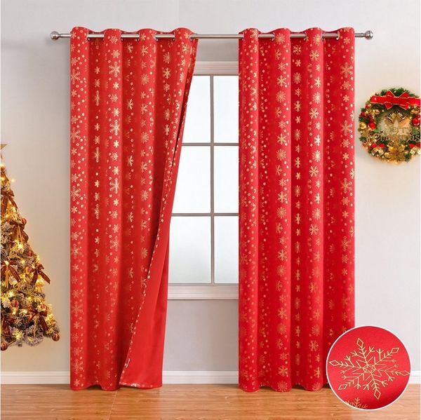 Sunicol Scheibengardine Weihnachten Fenster Vorhang, Verdunkelung, Goldprägung Schneeflocke (2 St)