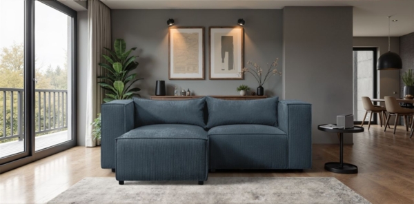 Ecksofa Designersofa NEVIO XS in Stoff Lincoln Blau Ottomane Links