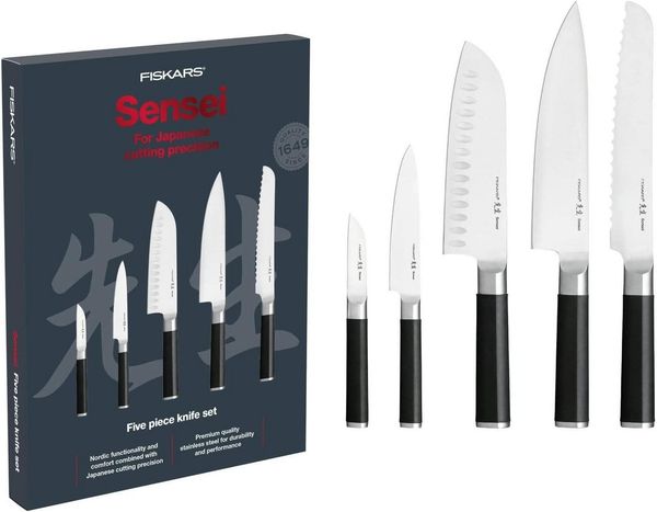 Fiskars Messer-Set (5-tlg, 1x Gebäckmesser 19cm, 1x Kochmesser 19cm, 1x Santoku-Messer 16,5cm, 1x)
