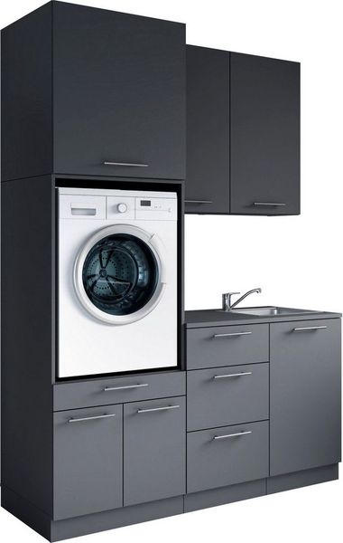 Laundreezy Waschraum Komplett-Set, Anthrazit - Modulares Schranksystem für Waschküche & Hauswirtschaftsraum - 168 x 238 x 68 cm (B/H/T)