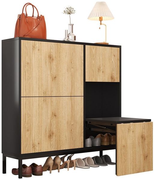 OKWISH Schuhschrank mit einzigartiges geprägtes Design (Schuhregal, Schuhkommode, 1-St, Schuhregal mit drei Klappen) mit Schuhwechselhocker, offenem Stauraum