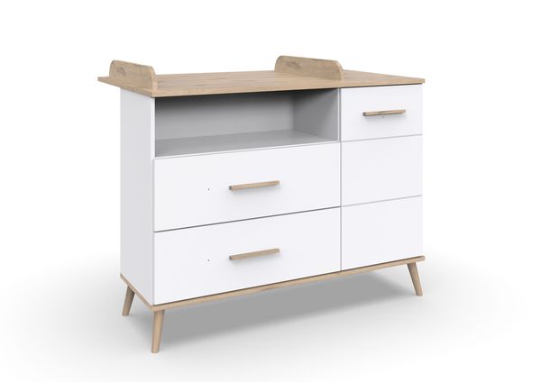 Wickelkommode >Fehmarn< in Weiß, Absetzung Viking-oak Dekor - 122x101x75 (BxHxT)