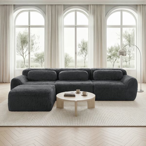 Ecksofa aus Plüsch mit modularem Design, grau