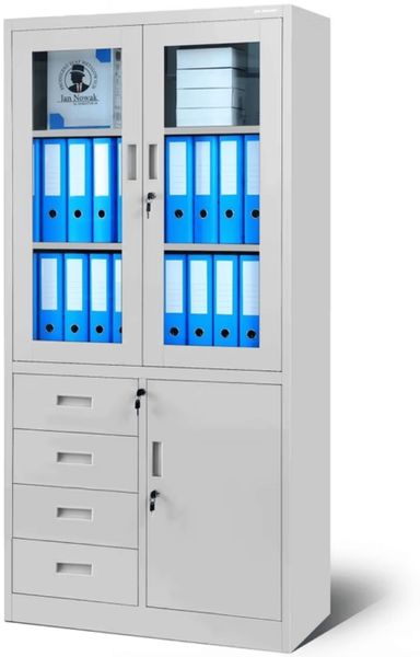 Vitrinenschrank abschließbar WIOLA - mit Schubladen| Büroschrank aus Stahl Aktenschrank mit Glasfenster Metallschrank Mehrzweckschrank, 185x90x40cm Grau