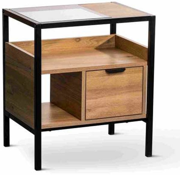 Beistelltisch >Mandurah 1< Schublade, Ablagen, Eiche Dekor, Metall + MDF - 48x55x35cm (BxHxT)